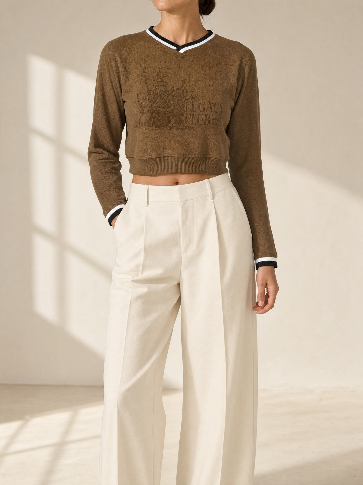 Legacy Cropped Sweater, Heritage Knit Tennis Polo in Brown, front view - Legacy London