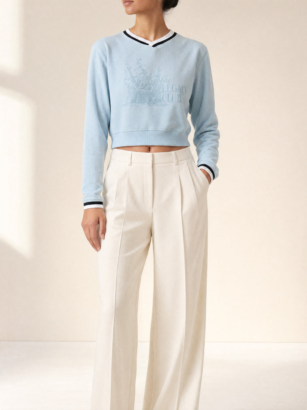 Legacy Cropped Sweater, Heritage Knit Tennis Polo in Sky Blue, front view - Legacy London