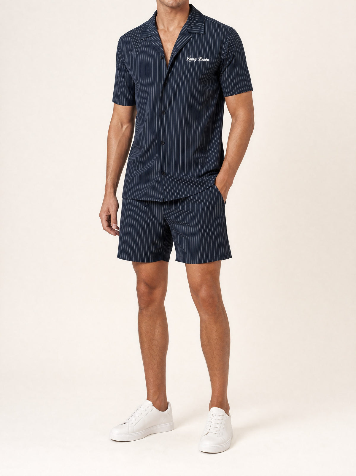 Striped Fabric Co-ord set in Navy, front view