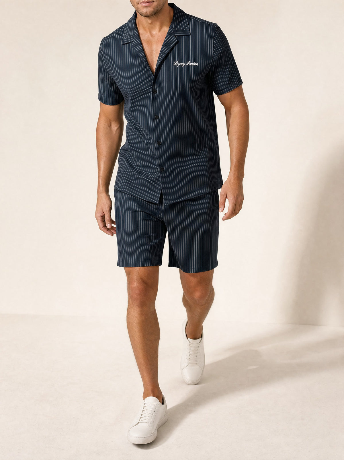 Striped Fabric Co-ord set in Navy, walking
