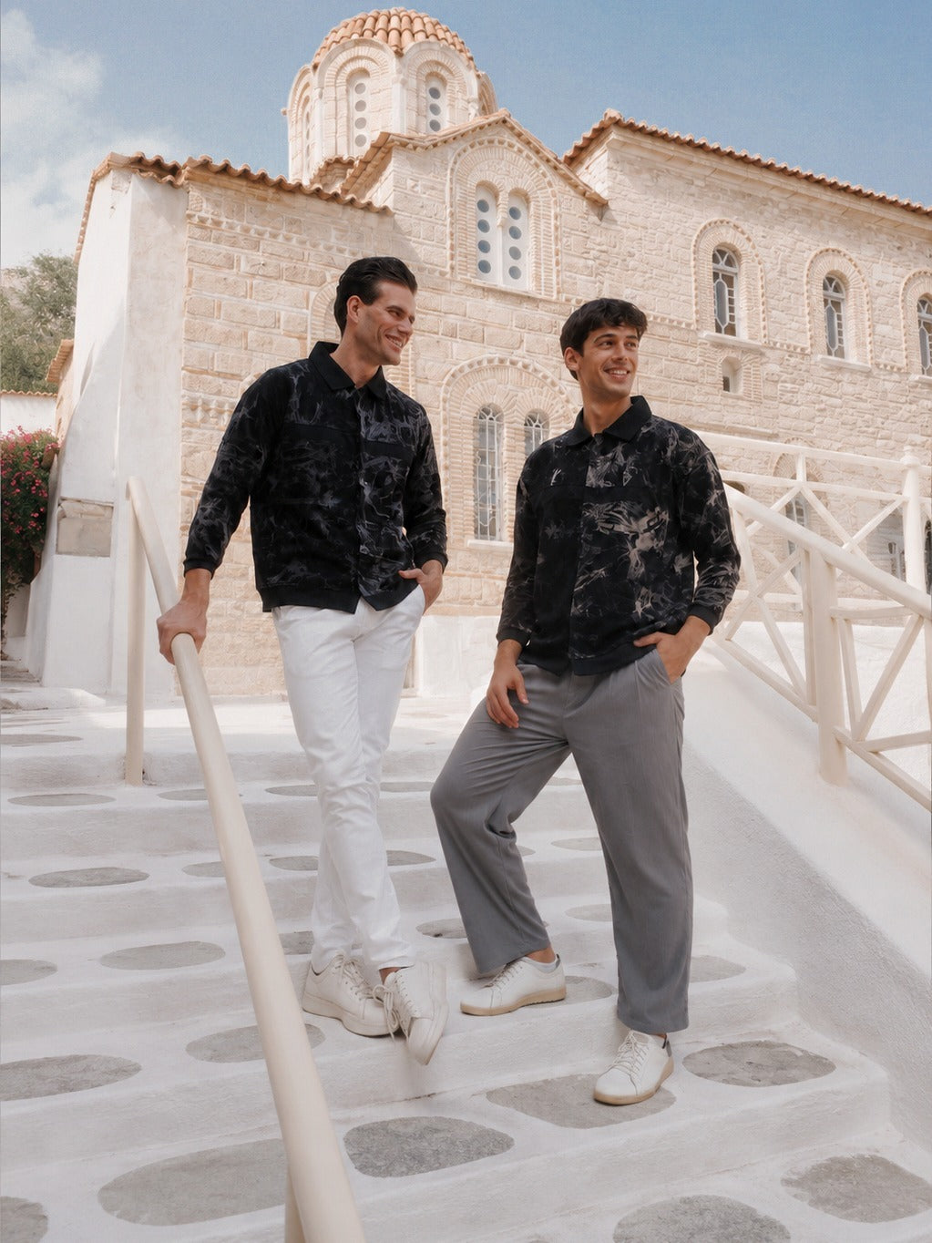 The overshirt in Steel Gray and Buff Orange, worn on church steps in Greece