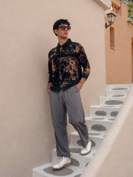 Tonal Abstract Print Overshirt in Buff Orange, worn on steps in Greece