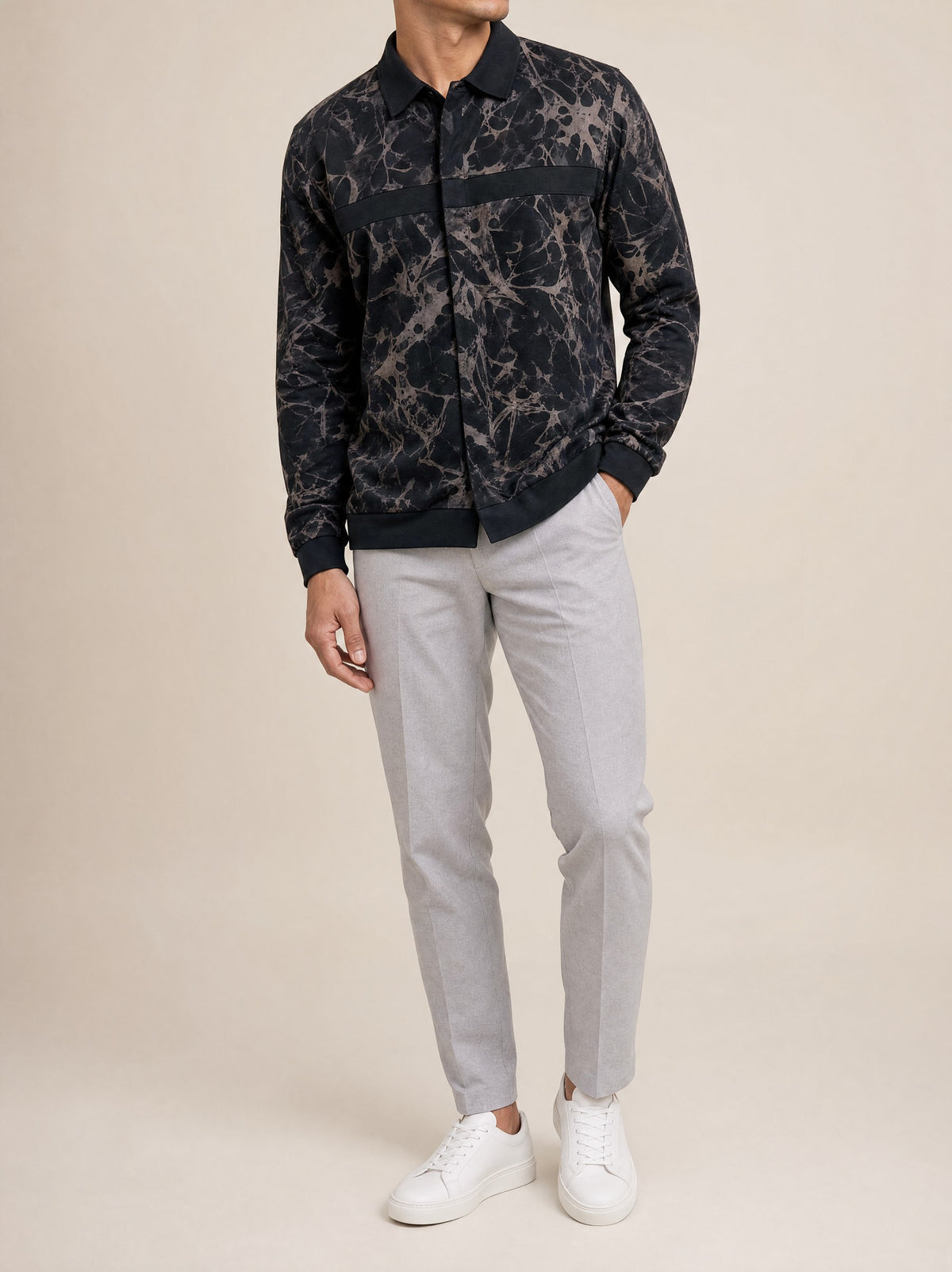 Tonal Abstract Print Overshirt in Steel Gray, front view