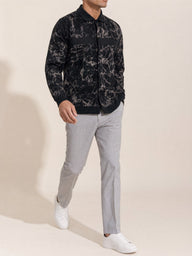 Tonal Abstract Print Overshirt in Steel Gray, walking