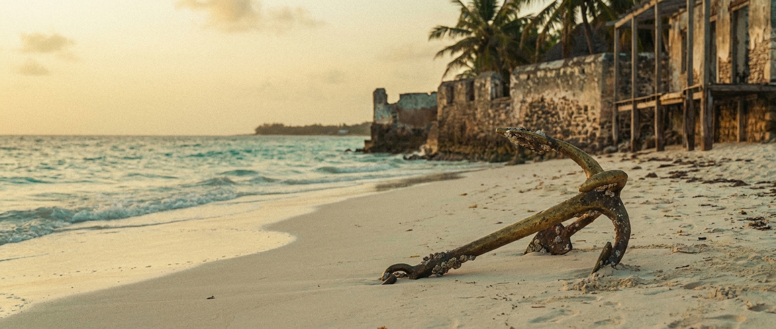 Sri Lankan coastline with a weathered anchor — Legacy London heritage since 1997