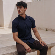 Tab-Collar Short-Sleeved Shirt in Navy Blue, seated view, Legacy London