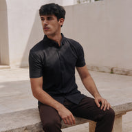 Tab-Collar Short-Sleeved Shirt in Onyx Black, seated view, Legacy London