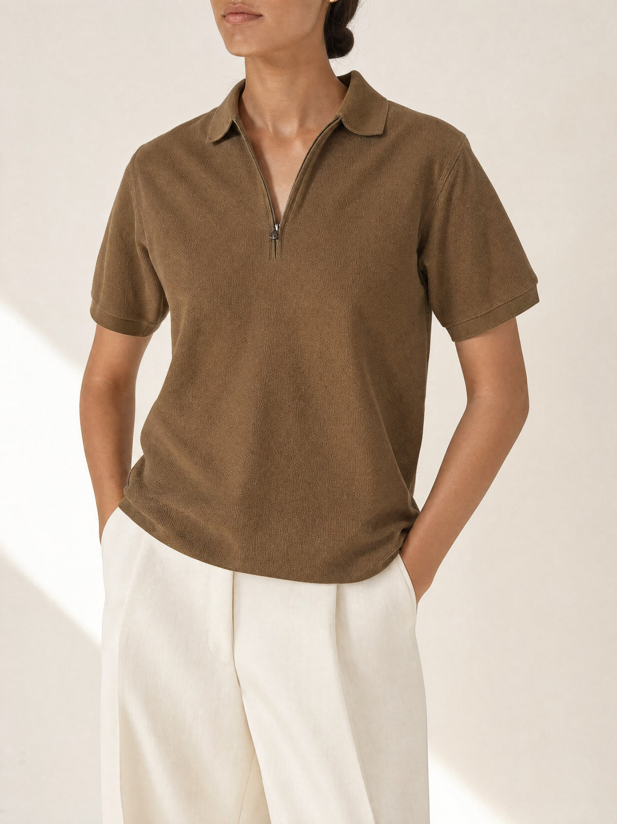 Luna Zip-front Polo Shirt in Tan, front view - Legacy London
