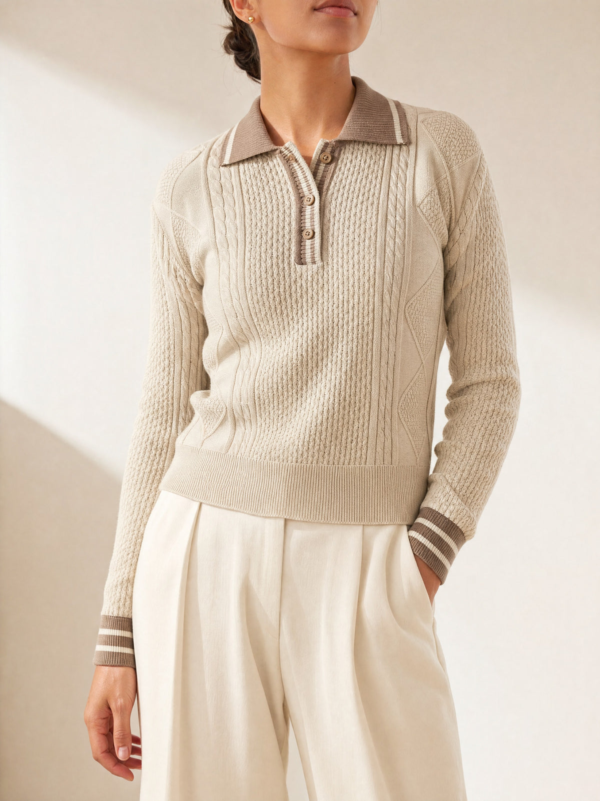 Milan Chain Link Statement Knit Jumper in Beige, front view - Legacy London