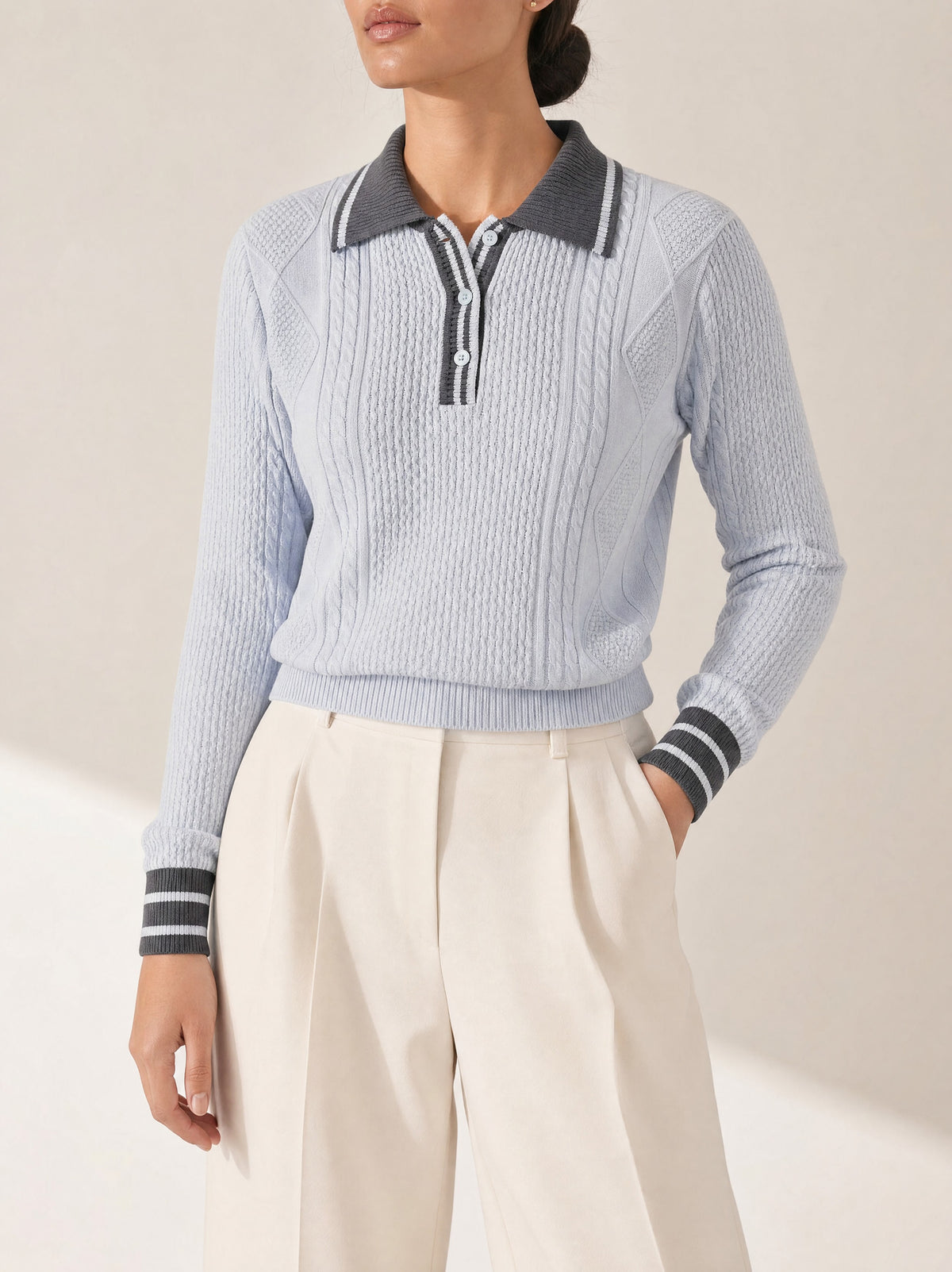 Milan Chain Link Statement Knit Jumper in Sky Blue, front view - Legacy London