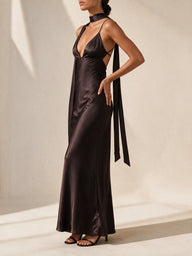Mount Street Satin Scarf-Neck Maxi Dress in Dark Wine, three-quarter view - Legacy London
