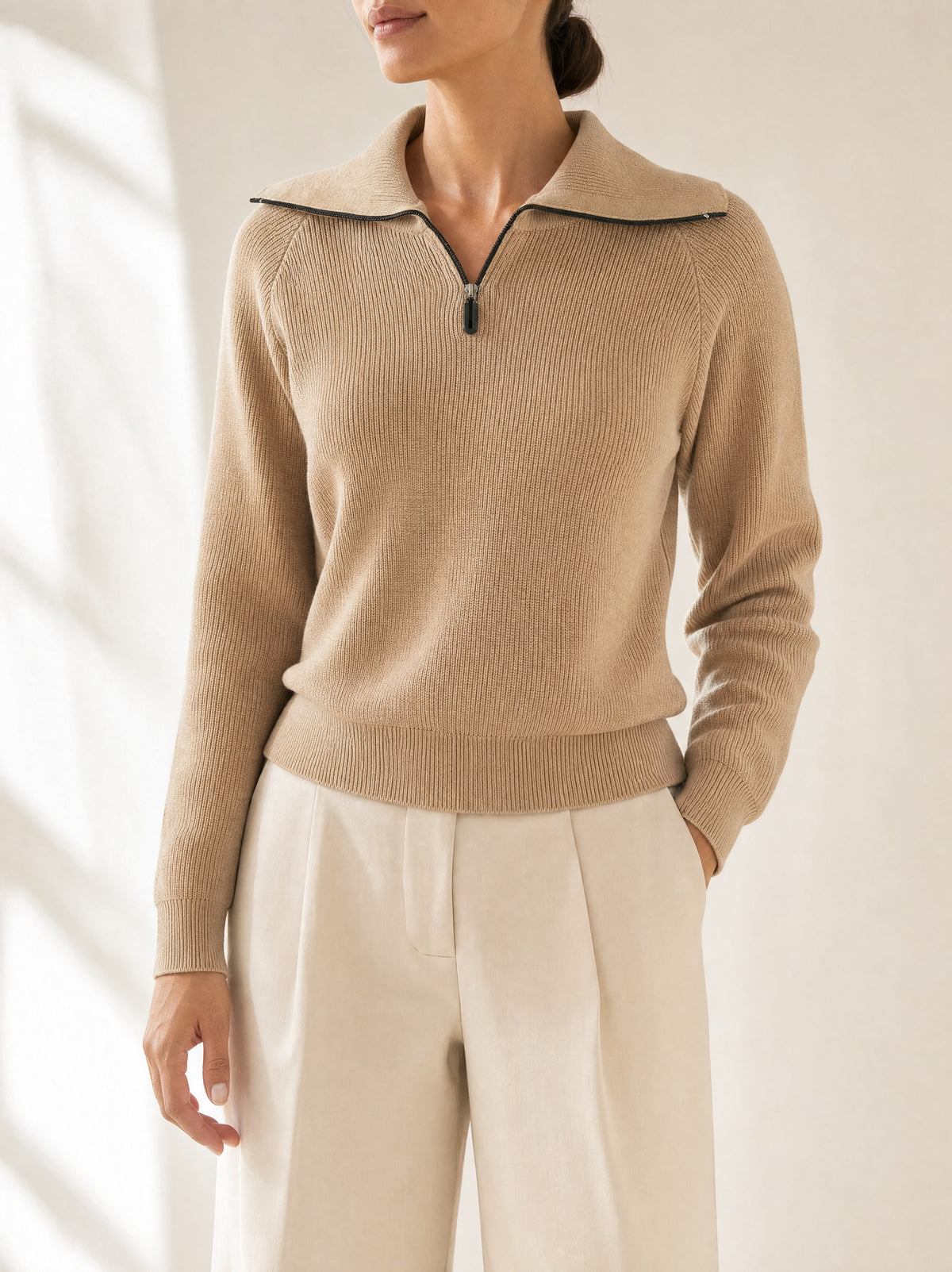 Roma Detailed Collar Knit Jumper in Beige, front view - Legacy London