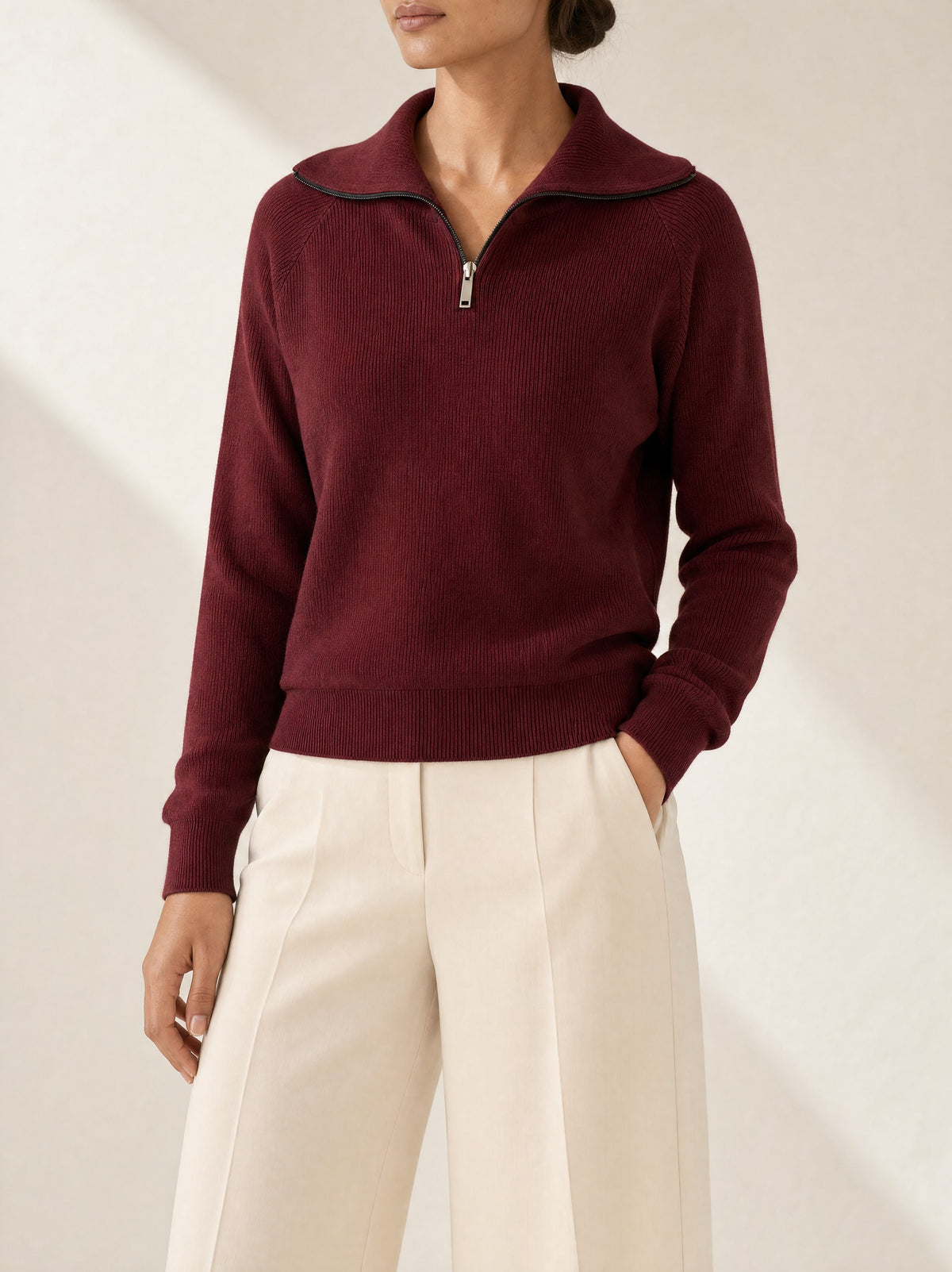 Roma Detailed Collar Knit Jumper in Wine, front view - Legacy London
