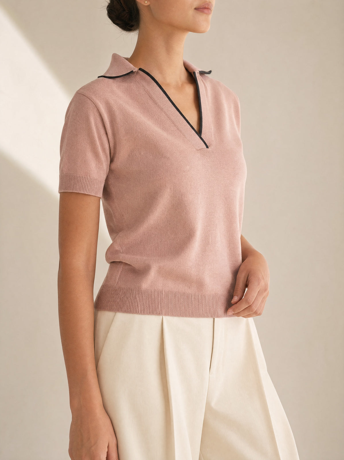 Siena V Neck Knit Polo in Pink, three-quarter view - Legacy London