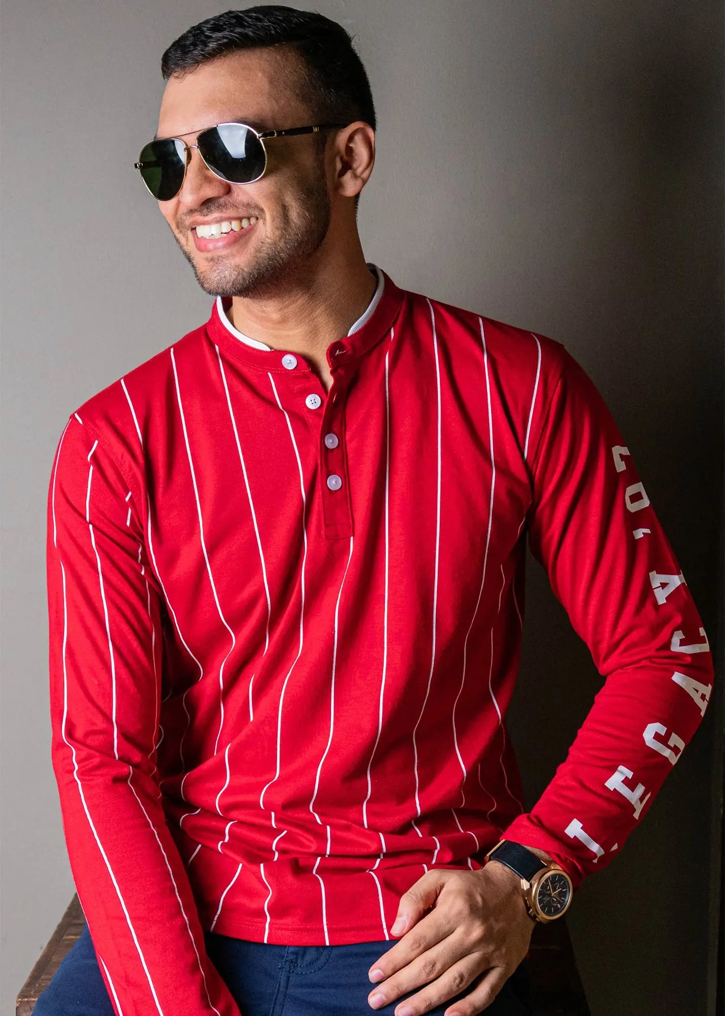 Legacy London | Line Classics - Long Sleeved Men's Vertical Striped Mandarin Polo Top Legacy London