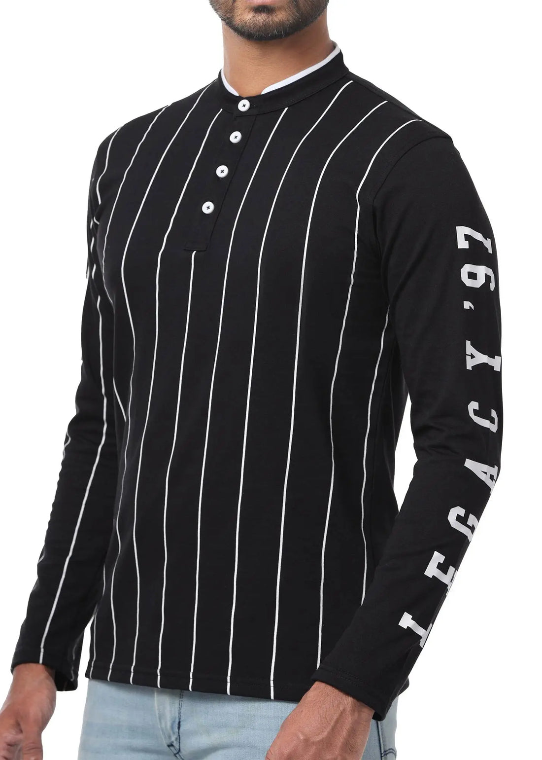 Legacy London | Line Classics - Long Sleeved Men's Vertical Striped Mandarin Polo Top Legacy London