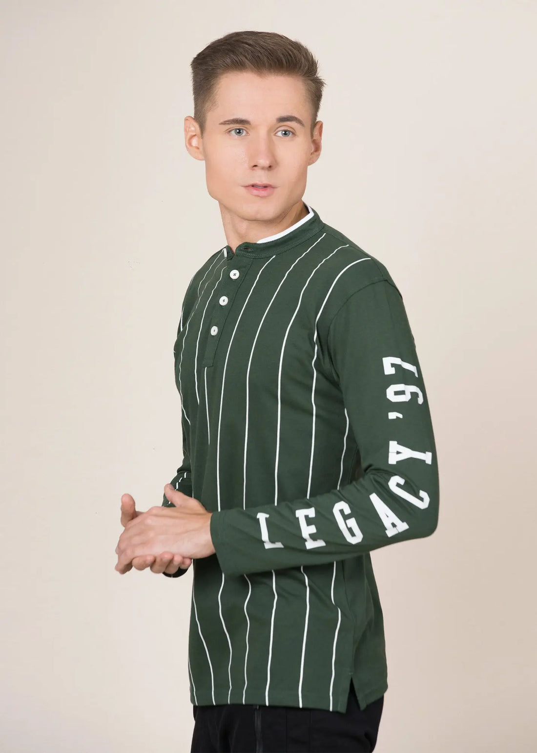 Legacy London | Line Classics - Long Sleeved Men's Vertical Striped Mandarin Polo Top Legacy London