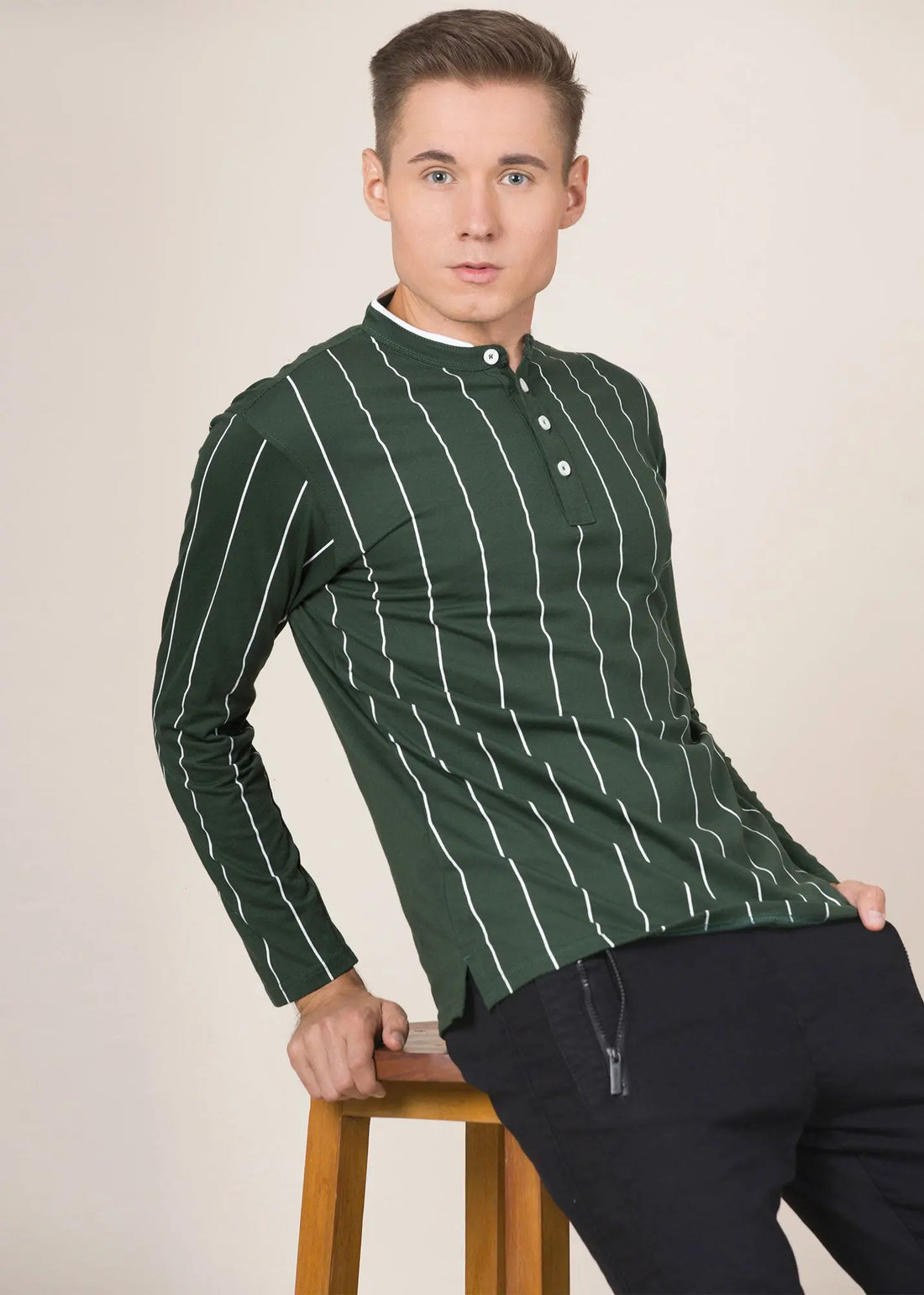 Legacy London | Line Classics - Long Sleeved Men's Vertical Striped Mandarin Polo Top Legacy London