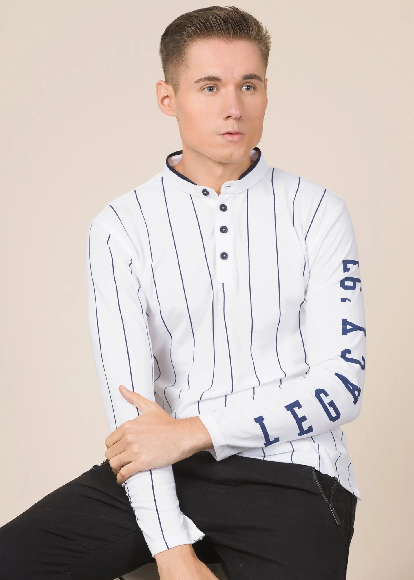 Legacy London | Line Classics - Long Sleeved Men's Vertical Striped Mandarin Polo Top Legacy London