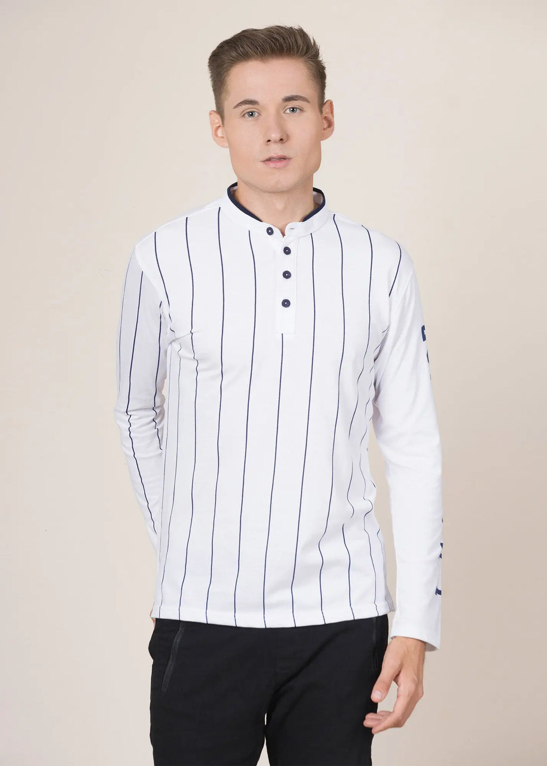 Legacy London | Line Classics - Long Sleeved Men's Vertical Striped Mandarin Polo Top Legacy London