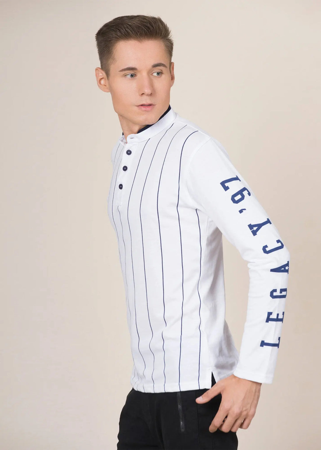 Legacy London | Line Classics - Long Sleeved Men's Vertical Striped Mandarin Polo Top Legacy London