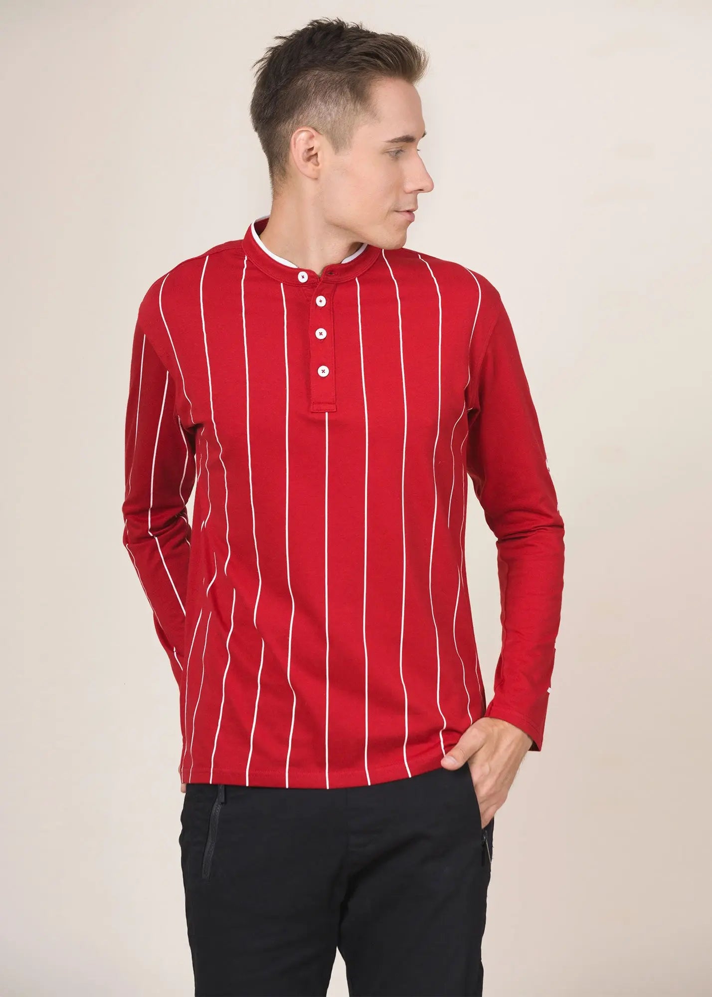 Legacy London | Line Classics - Long Sleeved Men's Vertical Striped Mandarin Polo Top Legacy London