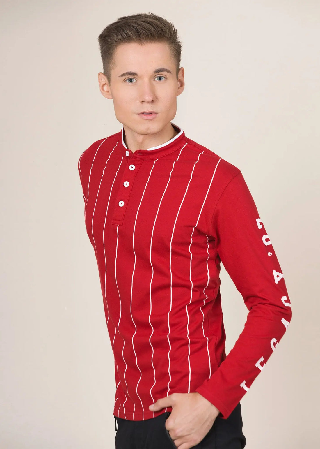 Legacy London | Line Classics - Long Sleeved Men's Vertical Striped Mandarin Polo Top Legacy London