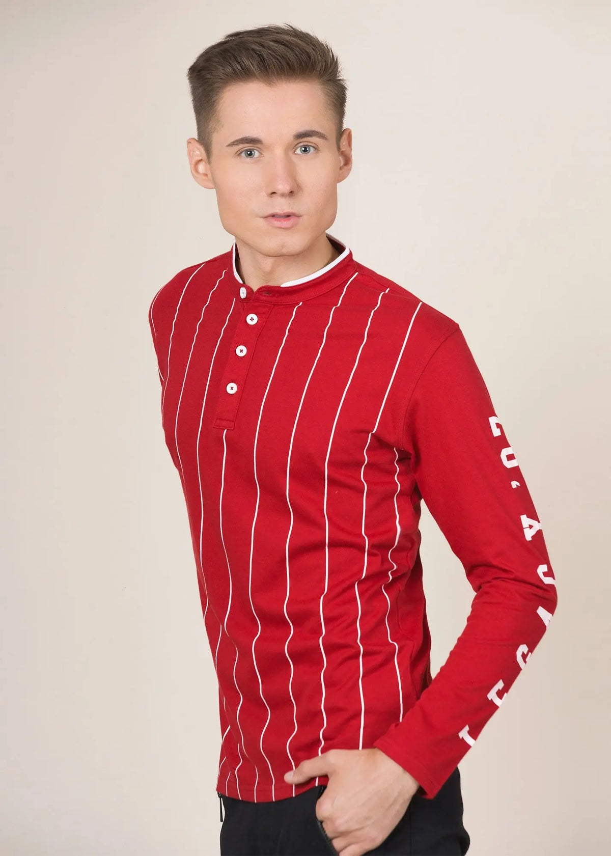 Legacy London | Line Classics - Long Sleeved Men's Vertical Striped Mandarin Polo Top Legacy London